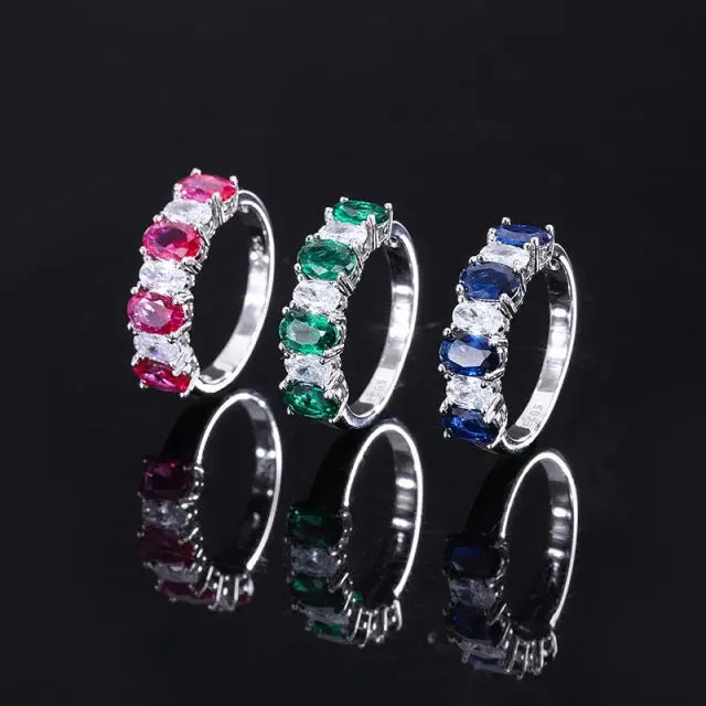 Women's 4x6mm Eternity Band Two Tone Cubic Zirconia Oval-Cut 7-Stone Ring 925 Sterling Silver Stackable for Wedding