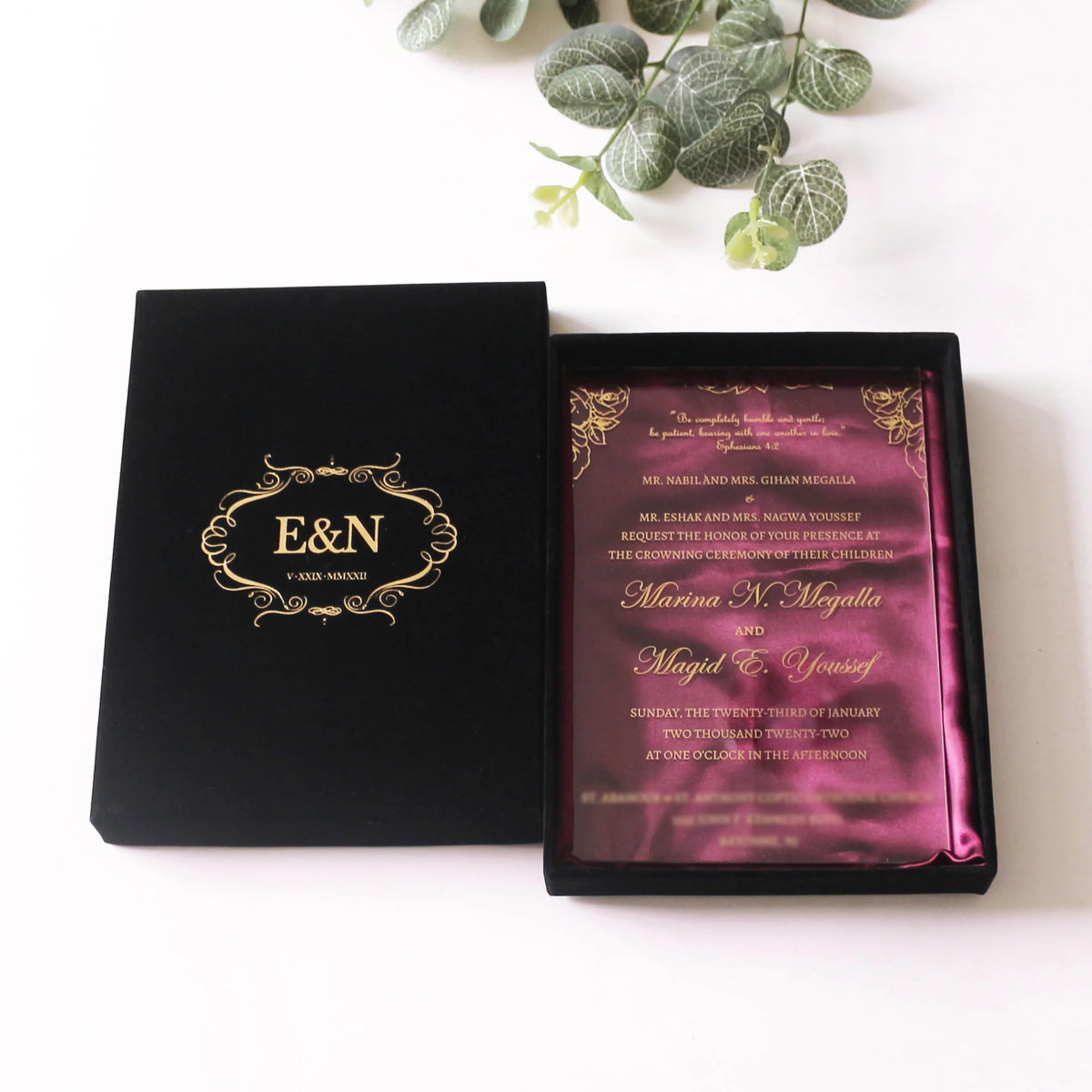 Luxury Custom Gold Foil Logo Black Velvet Hardcover Box with Red Silk Satin Clear Acrylic Wedding Invitation Multiple Colors MegaBDM
