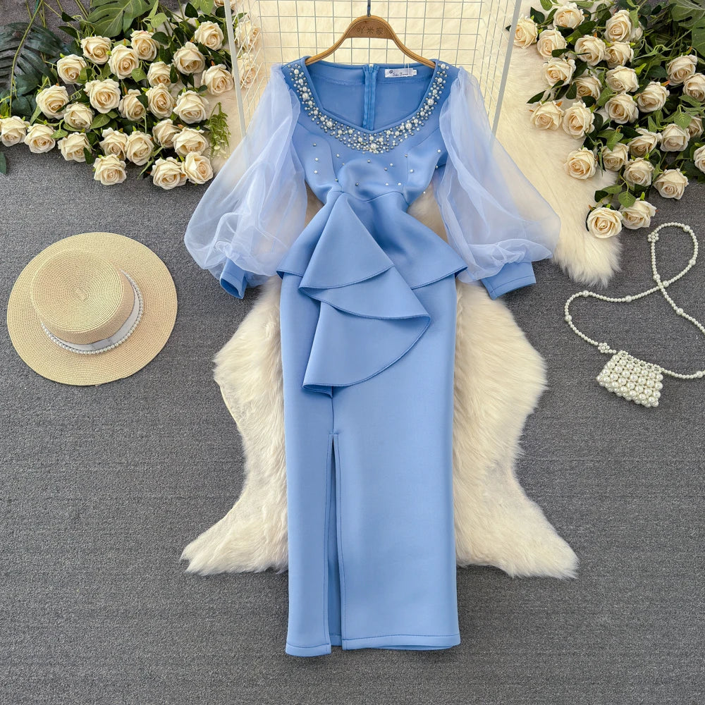 Wholesale 2025 Autumn New Style Stylish Lantern Long Sleeved Square Neck Waist Ruffled Edge Women's Dress