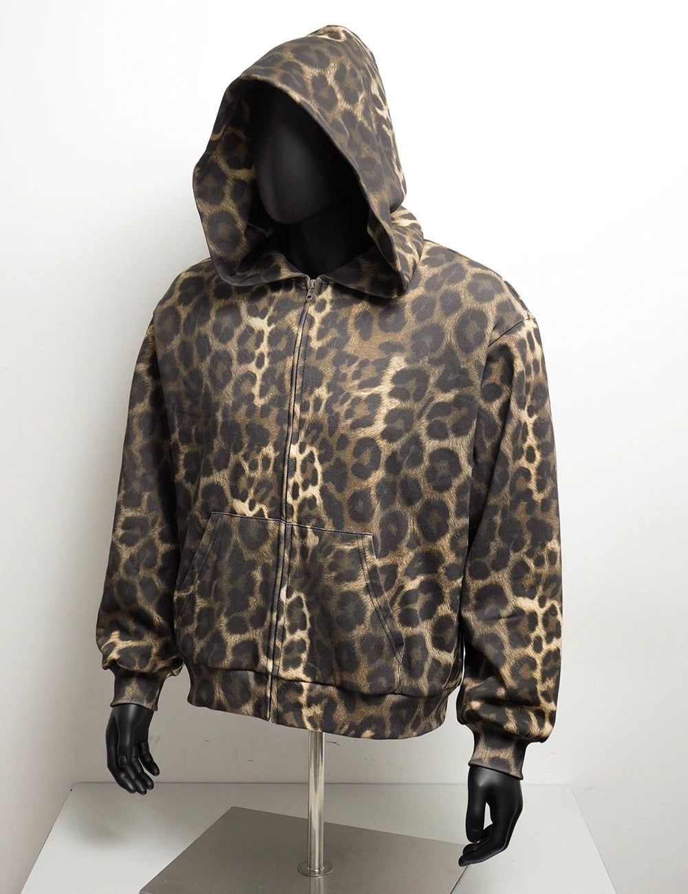 Topshow Custom All Over Cheetah Leopard Digital Print Heavyweight Waffle Double Layered No String Boxy Zip up Hoodie for Men