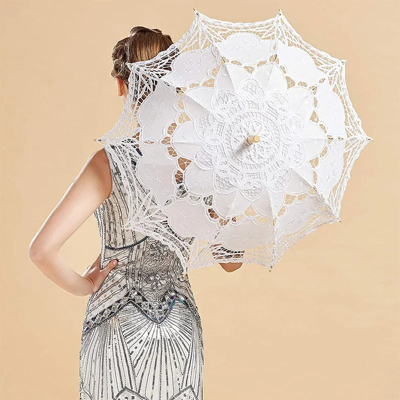 Wholesale Gothic Cosplay White Cotton Lace Parasol Sun Umbrella Beautiful Bride Design for Wedding Decorations