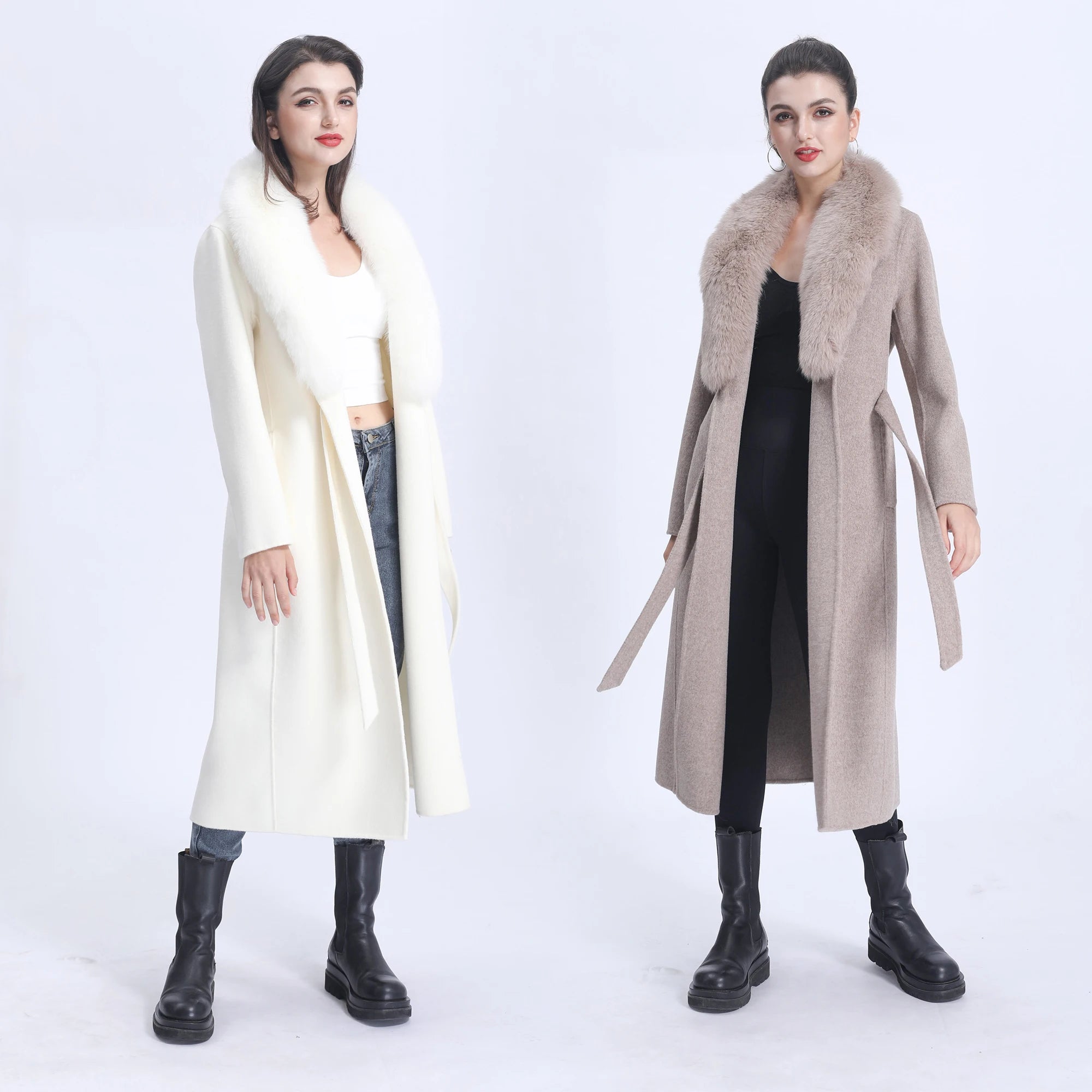 Fashion Long Style Women Cashmere Wool Fur Collar Coat