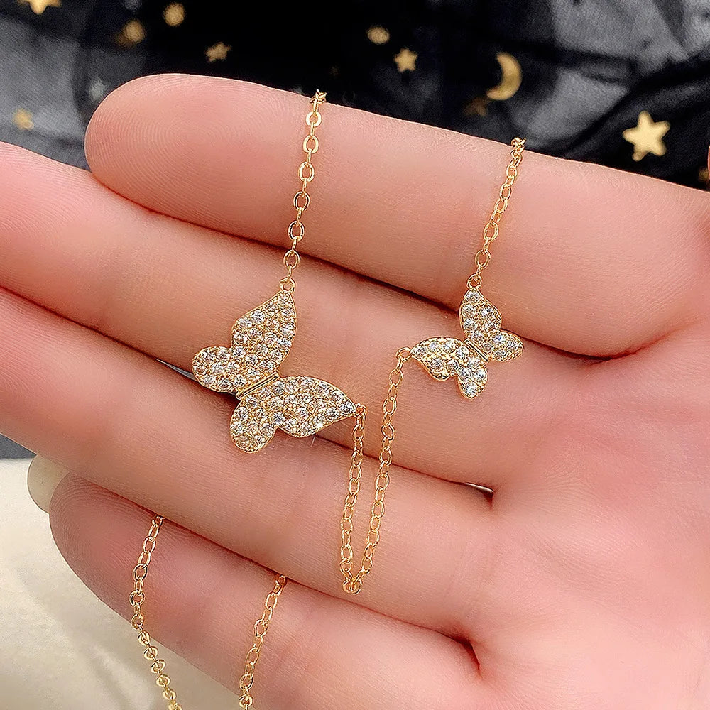 Gold Plated Brass Zircon Butterfly Necklace Full Diamonds Minority Design Women's Clavicle Link Chain High-grade Wedding Party