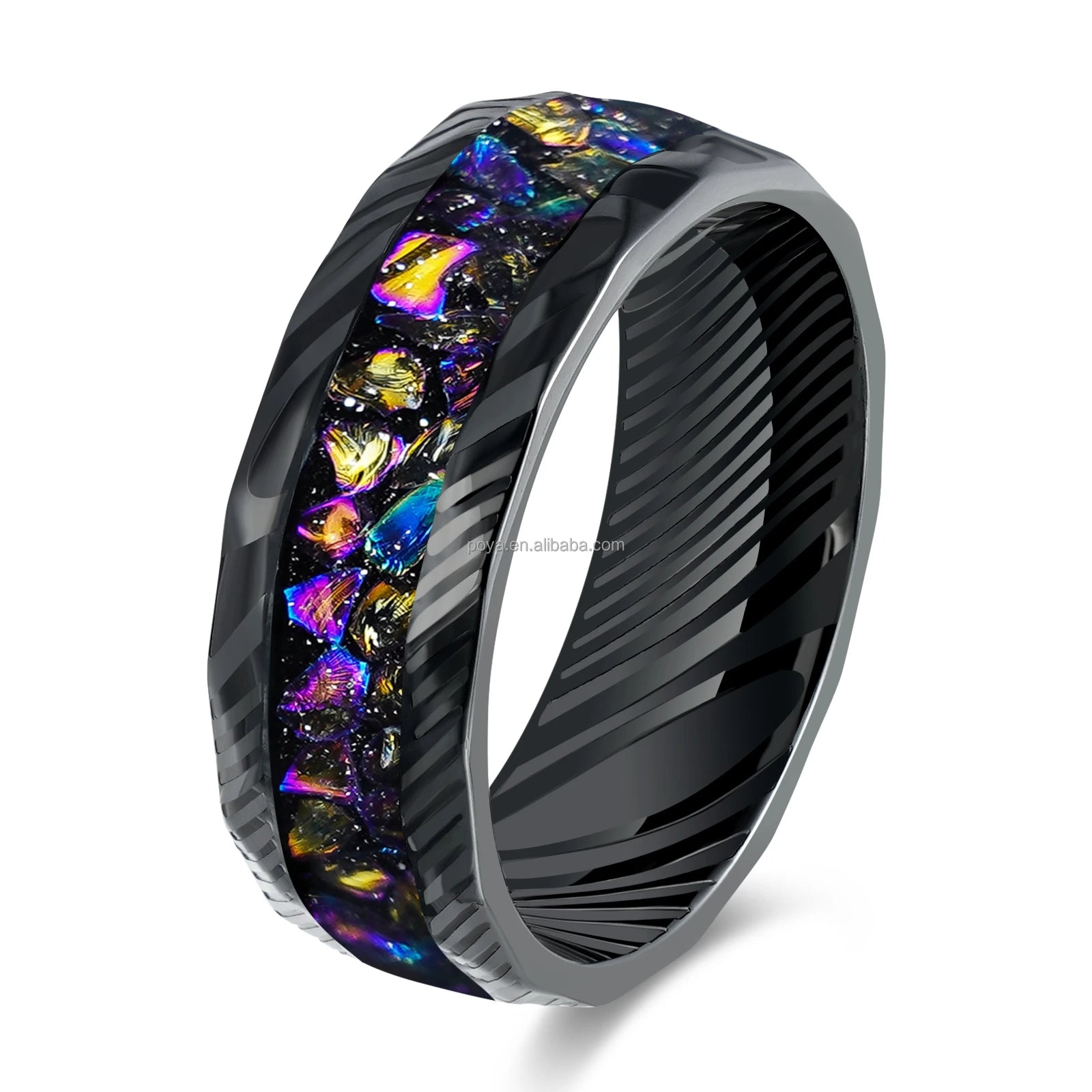 POYA Romantic Hammered Black Stainless Steel Ring With Colored Stones Inlay for Gift or Anniversary