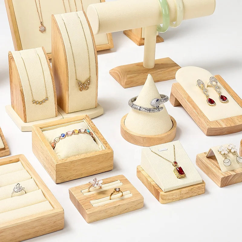 DIGU Oak with Microfiber Modern Wooden Jewelry Display Necklace Bracelet Set for Jewelry Store Display showcase Organizer Luxury