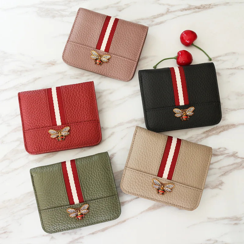 Diamond Bee Stripes Designer Purse Women Mini Card Pack Luxury Butterfly Buckle Cowhide Wallet Genuine Leather Designer Wallet