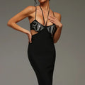 Ocstrade Popular Trending Rhinestone Elegant Cocktail Dress Halter Sexy Hollow Out Bodycon Long Bandage Black Cocktail Dress