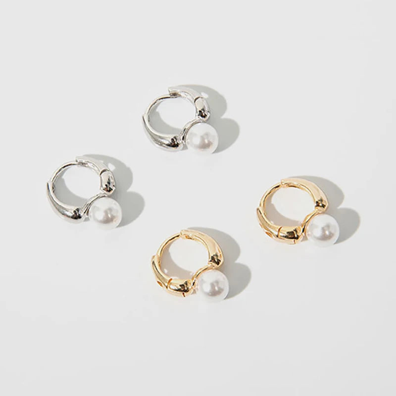 New Cute Pearl Studs Small Hoop Earrings 925 Sterling Silver Gold Color Eardrop Minimalist Huggies Hoops for Women