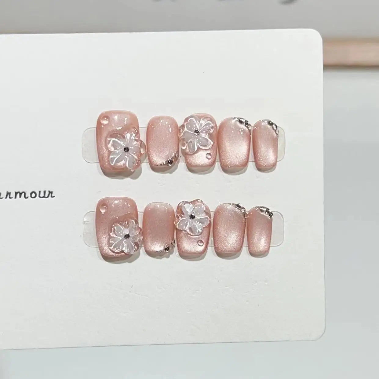 Handmade 3D Flower Design ABS Nails Cat Eye Gel Short Square Press-On Nails Reusable French Art Style Nail Tips