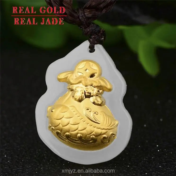 Certified 3D Gold Inlaid 4D Hetian Jade Pure Gold Goldfish Lucky Bag Pendant  Factory Wholesale