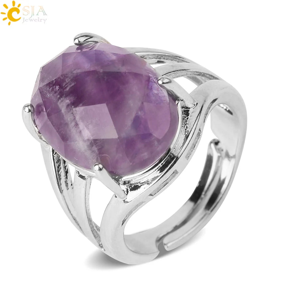 CSJA 2022 New Design Healing Crystal Rings Natural Labradorite Amethyst Black Onyx Stone Adjustable Ring G616