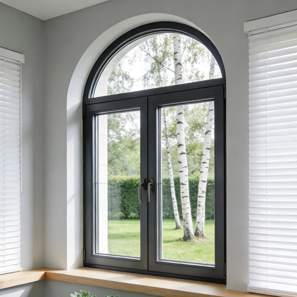 Low Emissivity Heat Insulating Double Sash Arched French Aluminum Frame Casement Window for Hotel Room Interior
