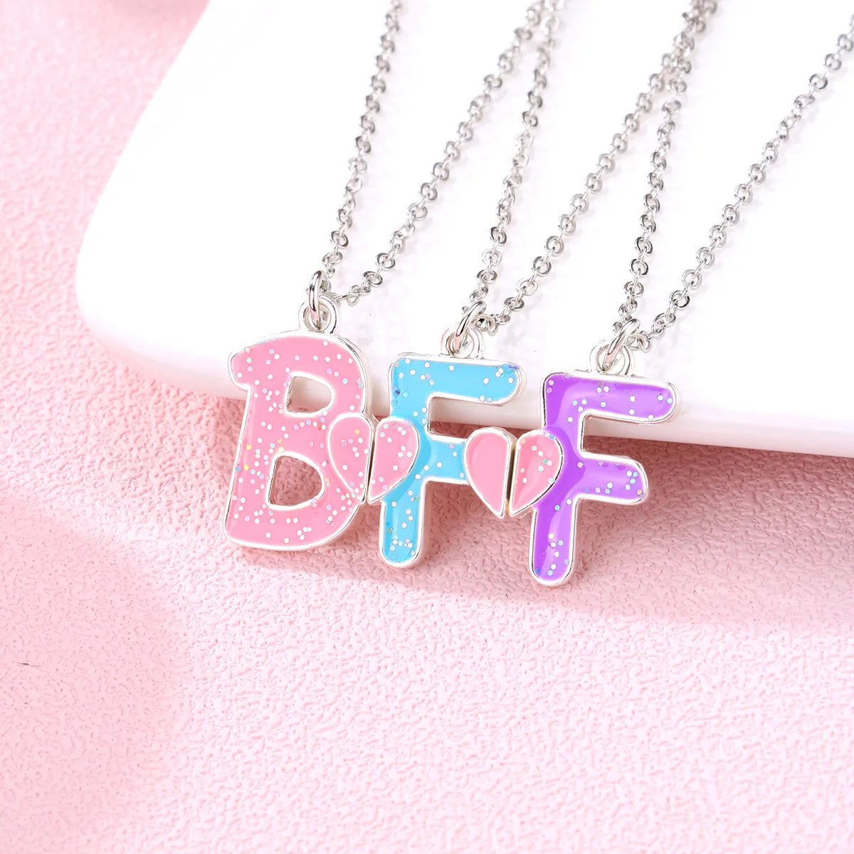 Lovecryst 3Pcs/set Colorful Glitter Pendant BFF Letter Magnetic Necklaces for 3 Kids Girls Friendship Pendant Children Jewelry