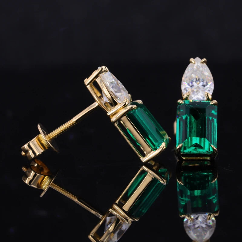Starsgem Emerald With Pear Cut Moissanite Vvs Diamond Stud 18k Fashion Gold Earings