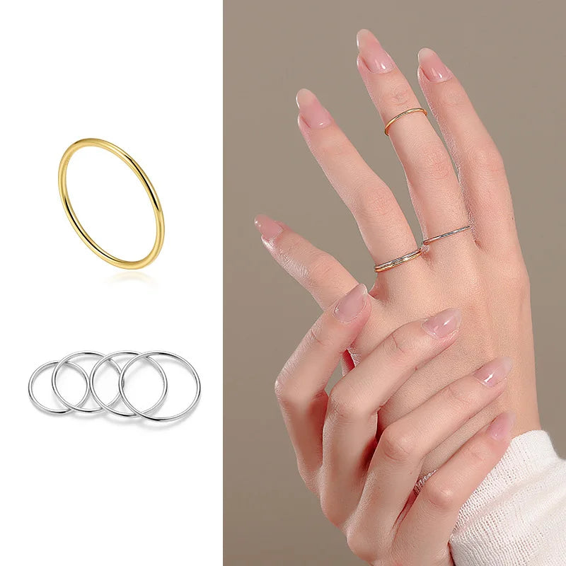 Polished 18K Gold Plated 925 Sterling Silver Thin Round Gold Stackable Finger Ring for Women Gril
