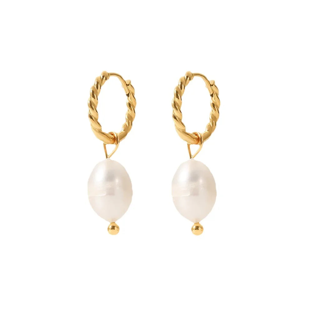 High Quality French Freshwater Pearl Twist Ring Earrings 18KPvd Gold-Plated Stainless Steel Wedding Fashion Jewelry Earrings