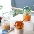 Ins Simple Glass Straw Cup Heat Resistant Korea Strip Glass Water Cup With Lid