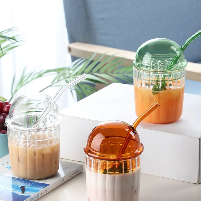 Ins Simple Glass Straw Cup Heat Resistant Korea Strip Glass Water Cup With Lid