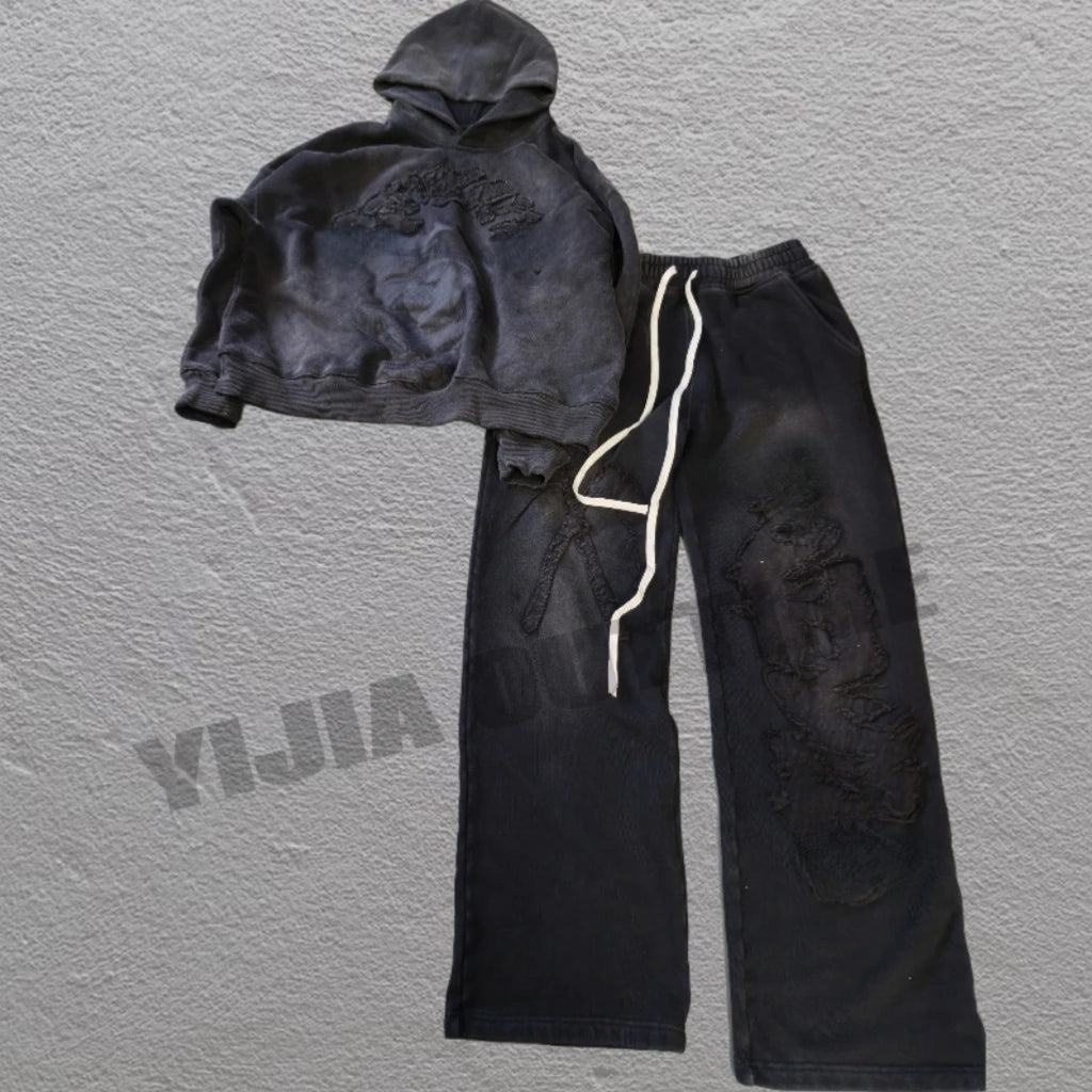 Custom Oversized Tracksuit Streetwear Sun Faded Striped Zip up Hoodie and Sweatpants Set Oversized Hoodie Set Men