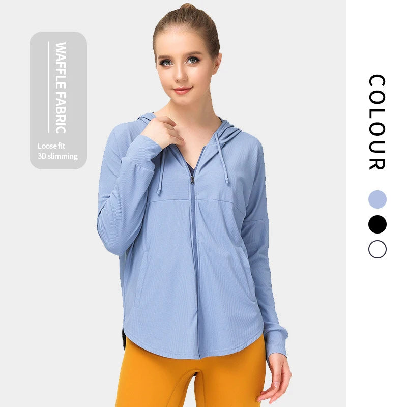 Women Jacket Zipper Curved Hem Loose Hooded Sports Jacket Women Outdoor Running Workout Jacket