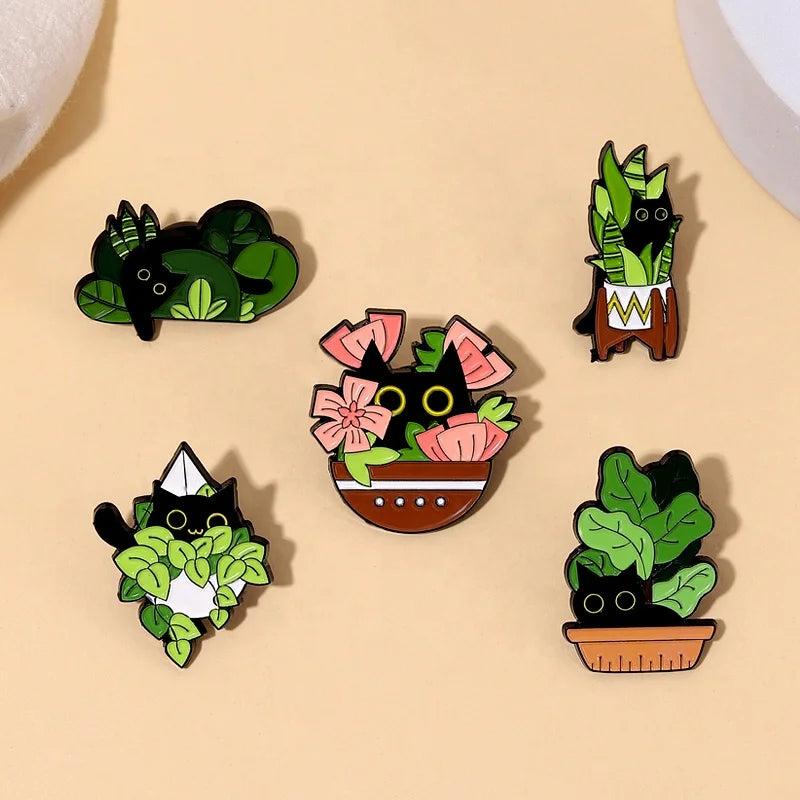 Cats in Plants Enamel Pins Custom Black Cat Potted Plant Brooches Lapel Badges Fun Animal Plant Jewelry Gift for Kids Friends