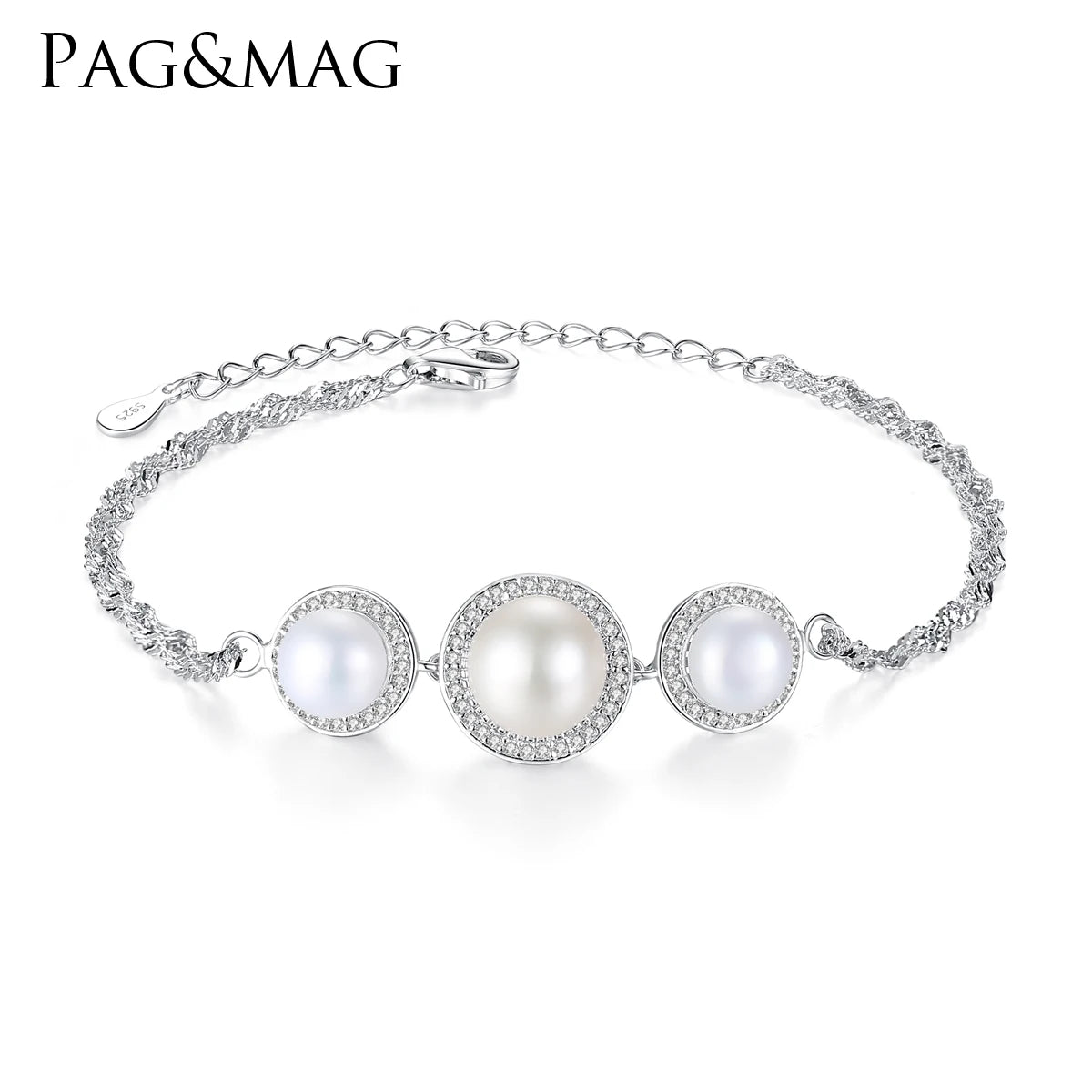 PAG&MAG Three Freshwater Pearl Bead Flower 925 Sterling Silver  Bracelet Charm Bracelets Jewelry