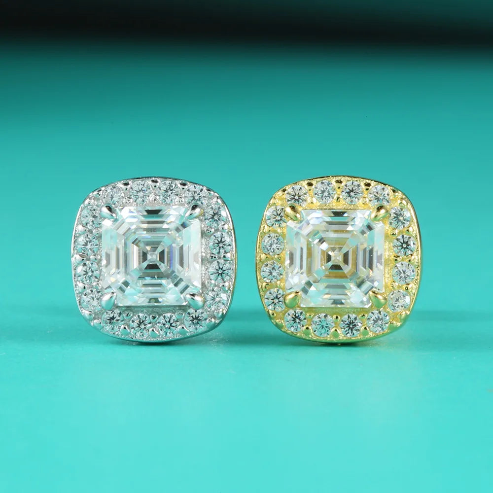 New Arrival 925 Sterling Silver D Color Asscher Cut Moissanite Square Halo Cluster Moissanite Stud Earrings for Women