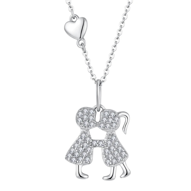YILUN 925 Sterling Silver Rhodium Plating Two Girls Pendant Necklace Waterproof Necklace Sister Friendship Jewelry