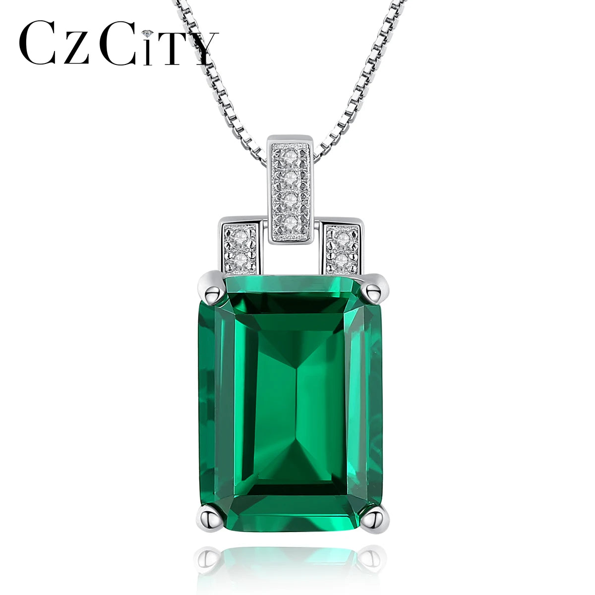 CZCITY Big Square Green Synthetic Stone Pendant 925 Sterling Silver Pendant Necklace Jewelry Fine Jewelry for Women