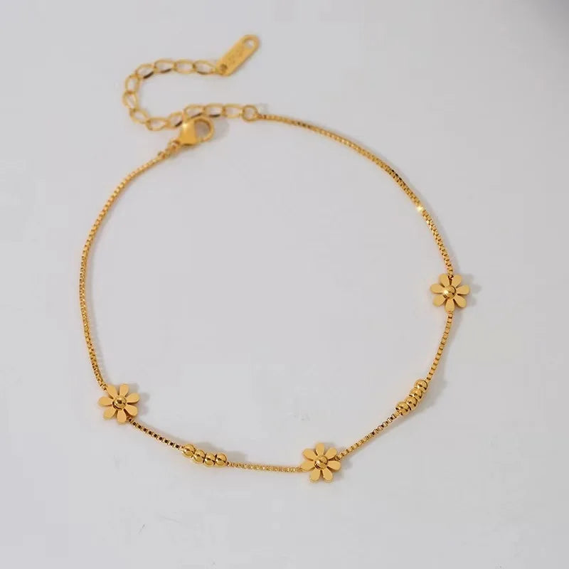 New Arrival Waterproof Jewelry Stainless Steel Flower Ankle 18K Gold Plated Beads Daisy Flower Charm Anklet for Women YF3101