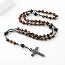Natural Tiger Eye Stone Catholic Christ Rosary Bracelet for Women Men Hematite Cross Pendant Mala Jewelry