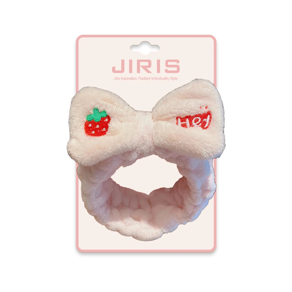 JIRIS Wholesale Cartoon Cute Strawberry Face Wash Headband Korean Makeup Face Wash Headband Korean Bow Plush Hairband