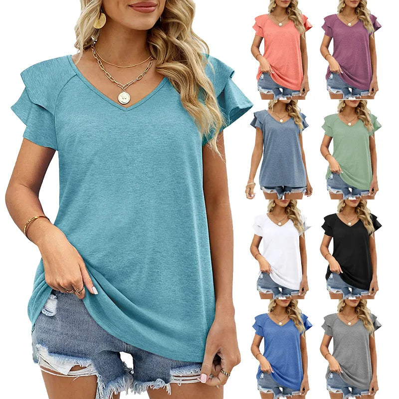 Women's Clothing Summer Solid Color V Collar Double-layer Ruffle Sleeve Loose Top T-shirt Wholesale Fashion T Shirt