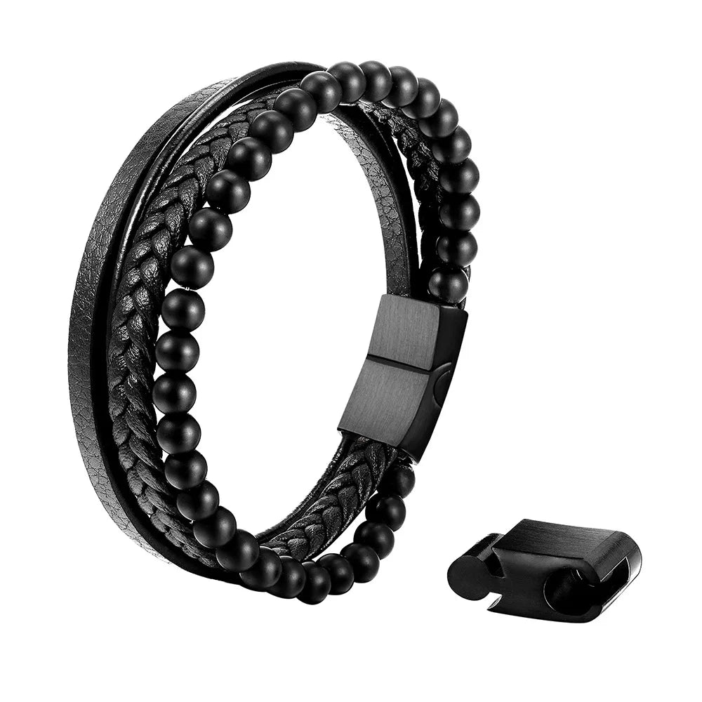 Luxury Natural Black Agate Lava Stone Beaded With Genuine Leather Bracelet Beads Men Three Magnetic Clasps Leather Bracelet