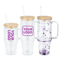 DIY Double Wall 30oz 40oz Beer Glass Tumblers with Handle Shaped Drinking Glass Pre-drilled Holes With Bamboo Lid and Straw