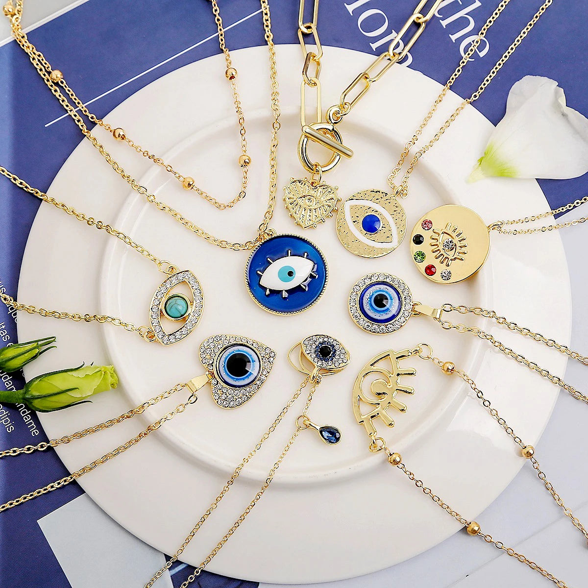 Trendy 18K Gold Plated Heart Round Shaped Women Large Blue Turkish Evil Eyes Pendant Choker Necklace Jewelry