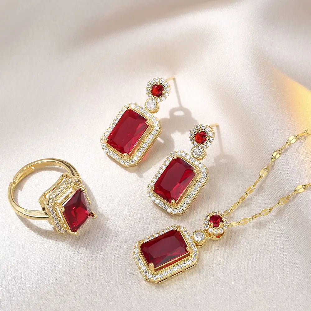 2025 Fashion Accessories Jewelry Red Gem Zircon Copper Pendant Stainless Steel Chain 18k Gold Plated Jewelry Set