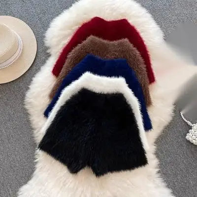 One Size Plush Knitted Shorts Women's Winter Outerwear Thick High Waisted Elastic Tight Pants