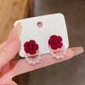 Vintage  Rose Flower Earrings Women Girl Freshwater Pearl Exquisite Stud Earring Wedding Party Jewelry
