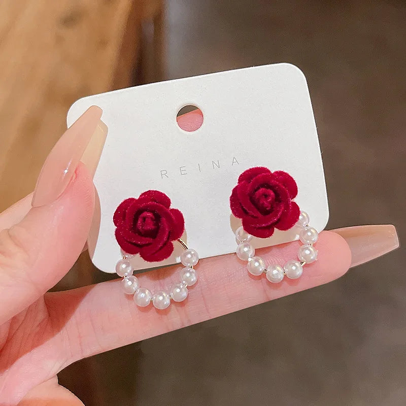 Vintage  Rose Flower Earrings Women Girl Freshwater Pearl Exquisite Stud Earring Wedding Party Jewelry