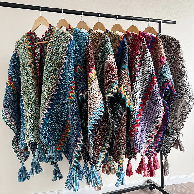 New Ethnic Style Shawl Dual Purpose Air Conditioner Cloak Knitted Woolen Thread Handmade Tassel Pendant Cloak Travel Shawl