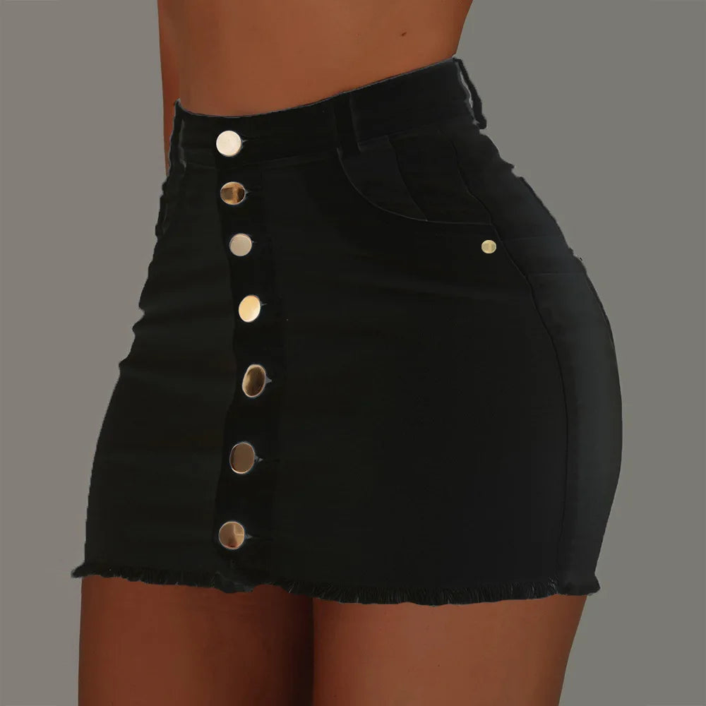 High-Waist Short Skirts Solid Color Mini Skirt Single-breasted Skinny Women's Button Denim Jeans Skirts With Pockets