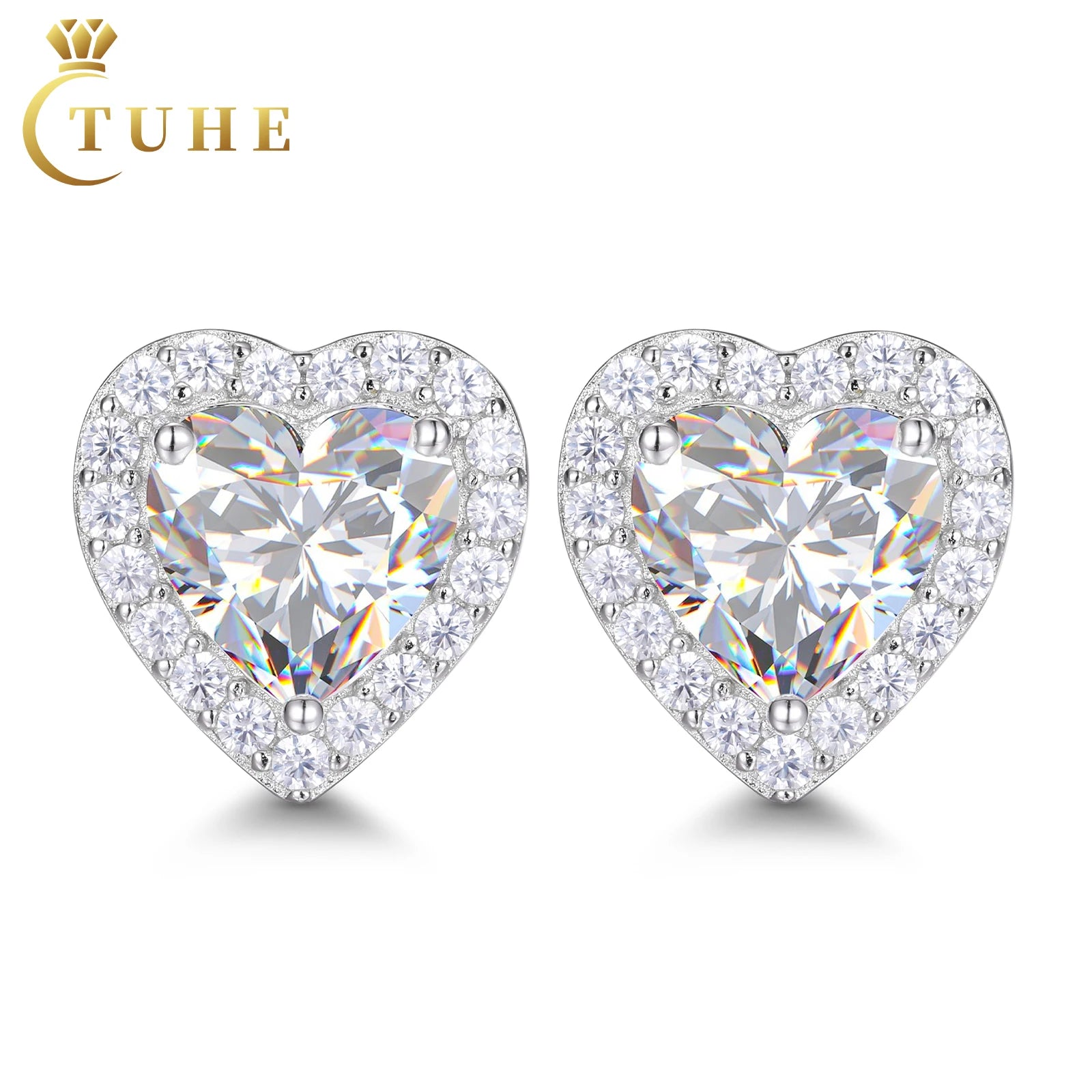 Wedding Jewelry Bridal Gift White Gold 925 Sterling Silver Heart Cut VVS Moissanite Diamond Stud Earrings for Women Valentines