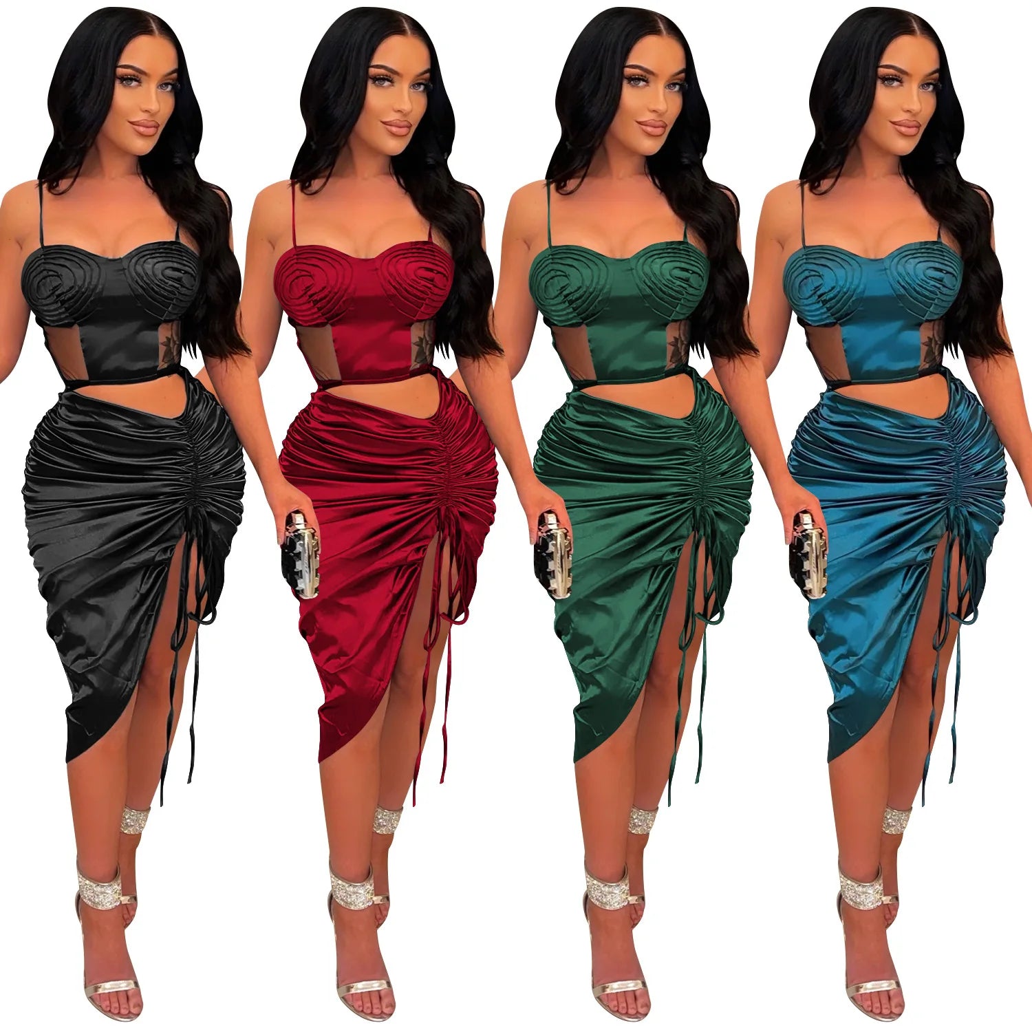 Summer Fashion Women's Solid Color Sling Sexy Tight Mesh Perspective Irregular Dress