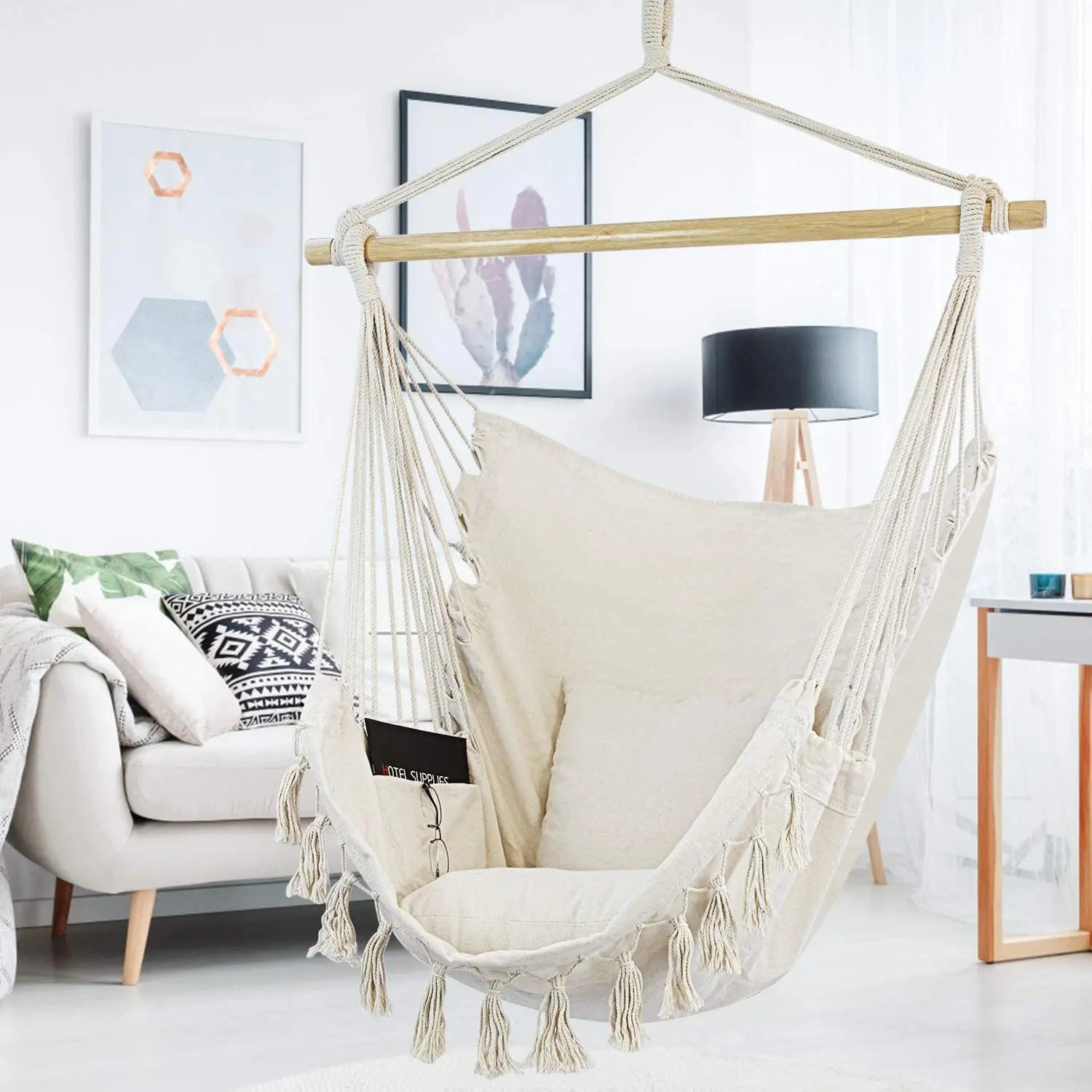 Woqi Hot Sell Outdoor Indoor Hammock Chair with  Macrame Lace Fringe Tassel with Pillow