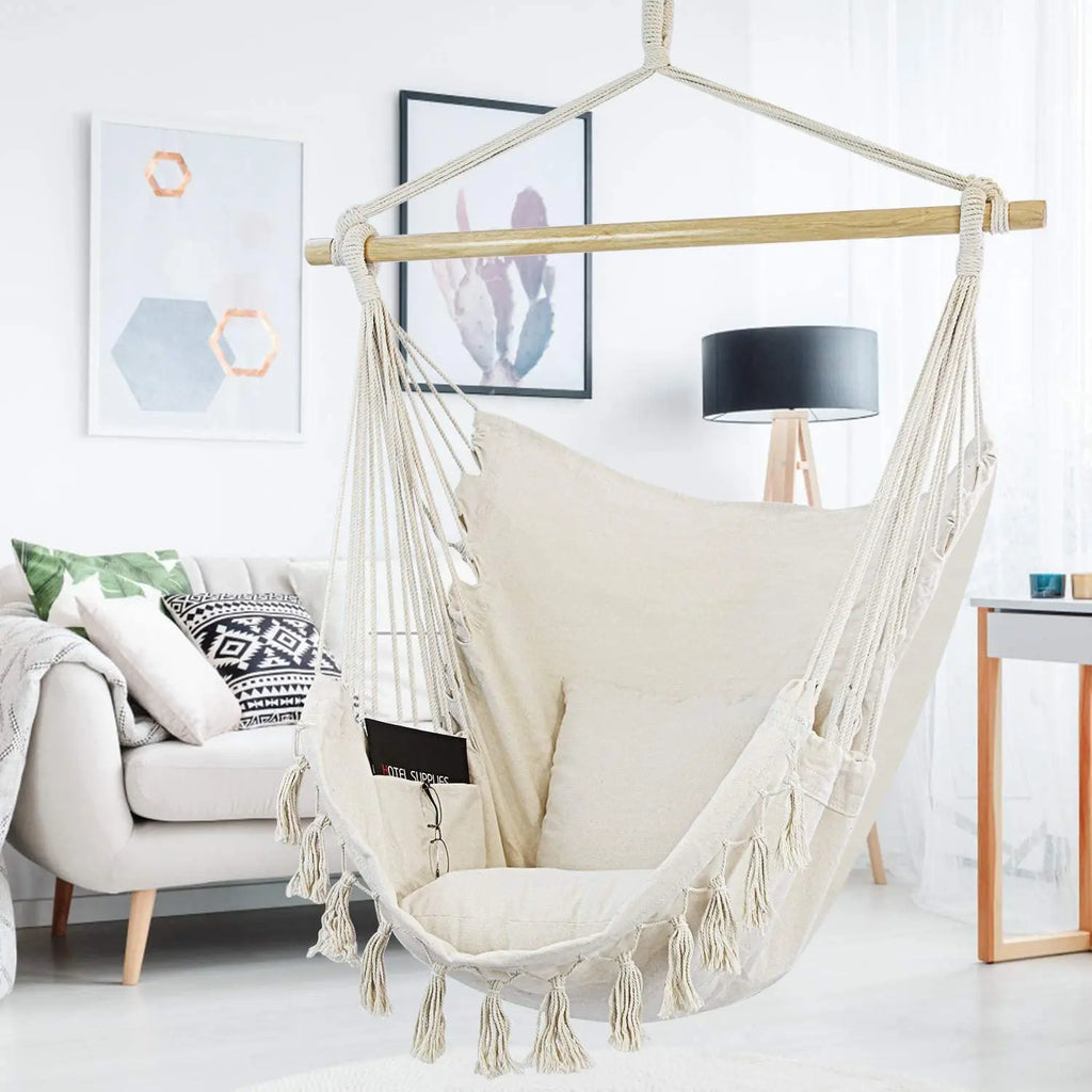 Woqi Hot Sell Outdoor Indoor Hammock Chair with Macrame Lace Fringe Tassel with Pillow
