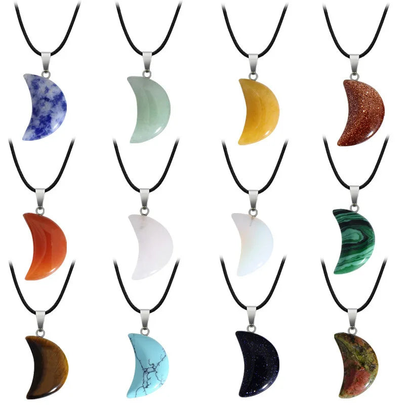 Colorful Handmade Crystal Stone Moon Pendant Necklace with Rope Chain Trendy Style for Christian for Party