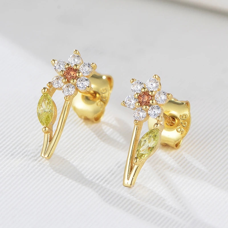champagne Flower Plant Jewelry Gift Psj S 925 Sterling Silver 14k Gold Plated Bling Cubic Zirconia Stud Earrings for Kids Girls