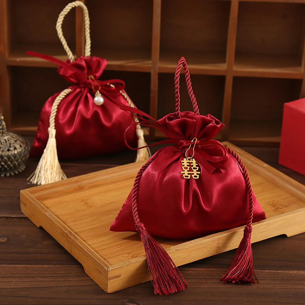 Burgundy Velvet Tassel Handheld Candy Bag Chinese Wedding Favor Candy Tassel Bag Wholesale