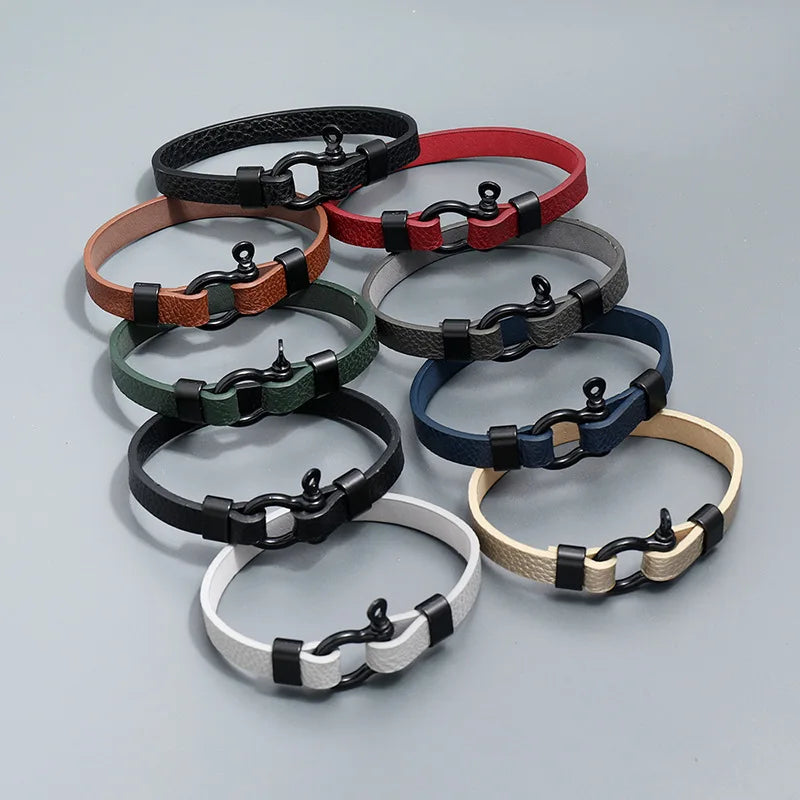 BINSHUO Vintage Outdoor Camping Survival Rope Alloy Horseshoe Buckle Pu Leather Couple Sports Bracelet for Women Men Pulseira
